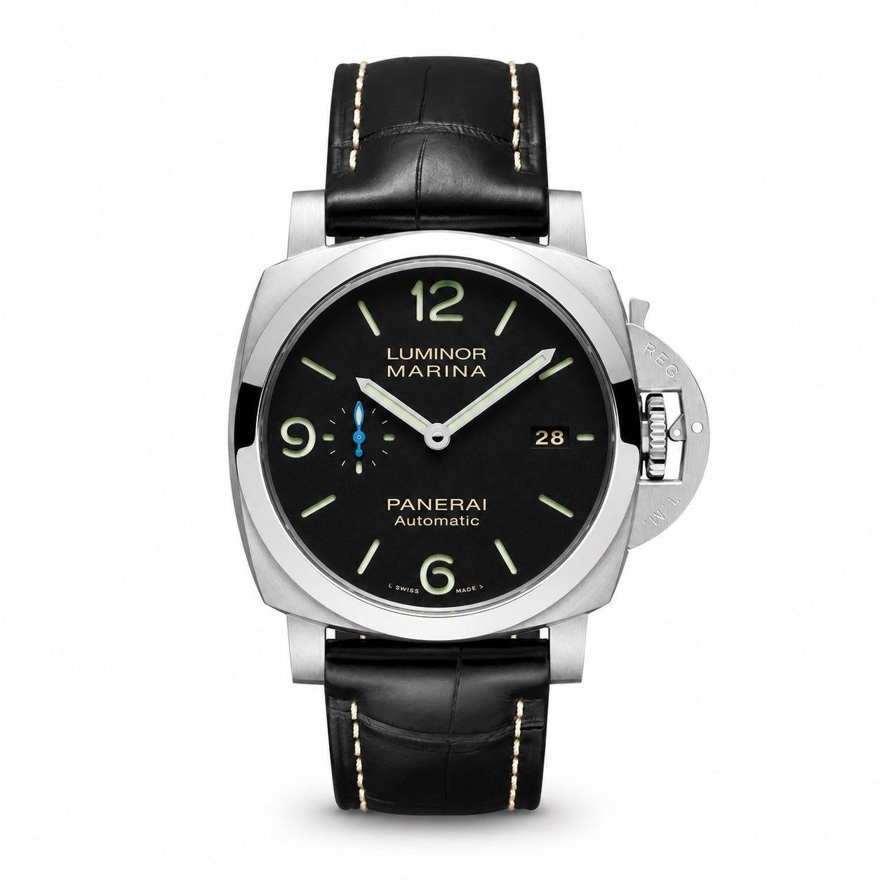 Panerai Luminor Marina watch with black dial and leather strap