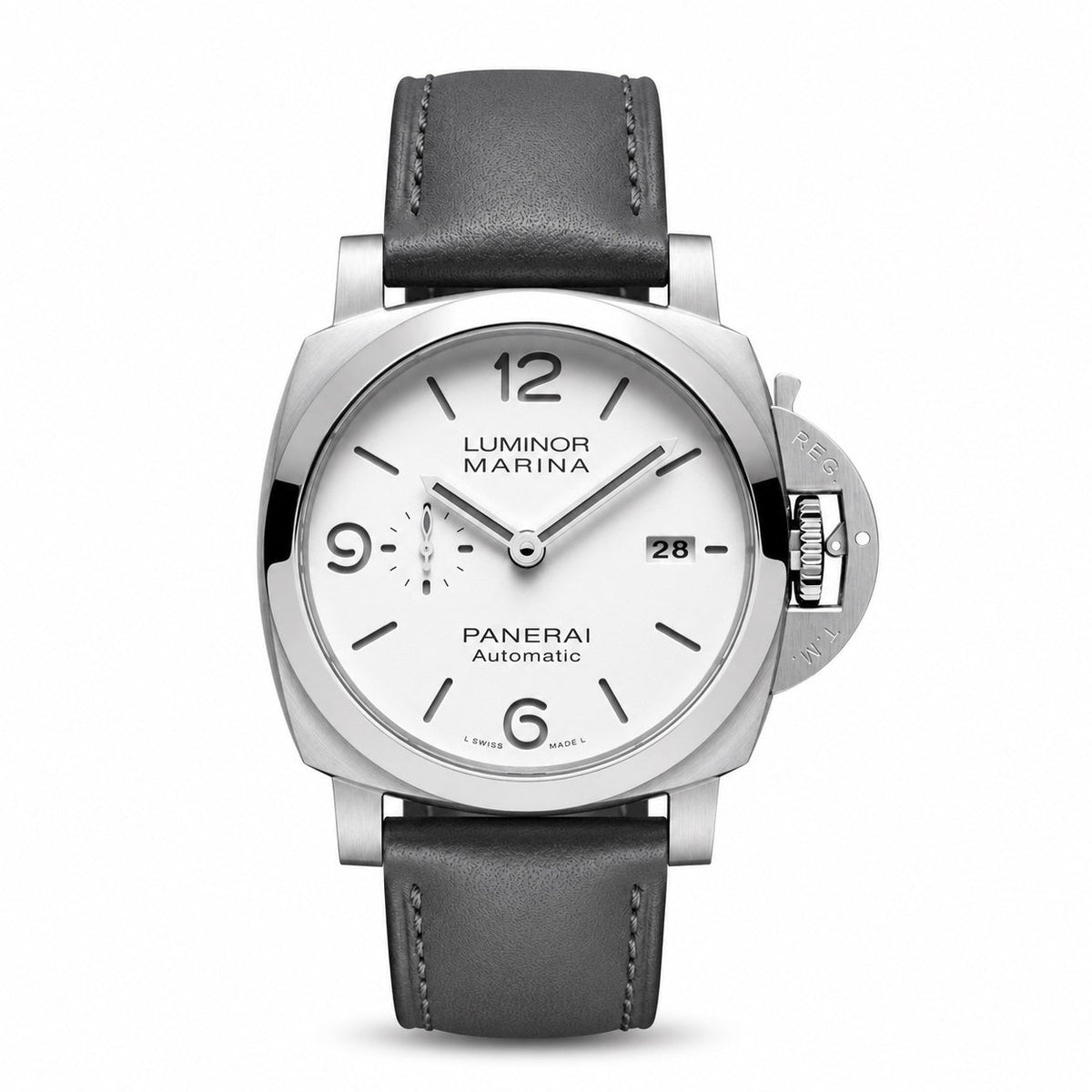 Panerai Luminor Marina Automatic watch with a silver-tone case, white dial, date display, and grey leather strap.