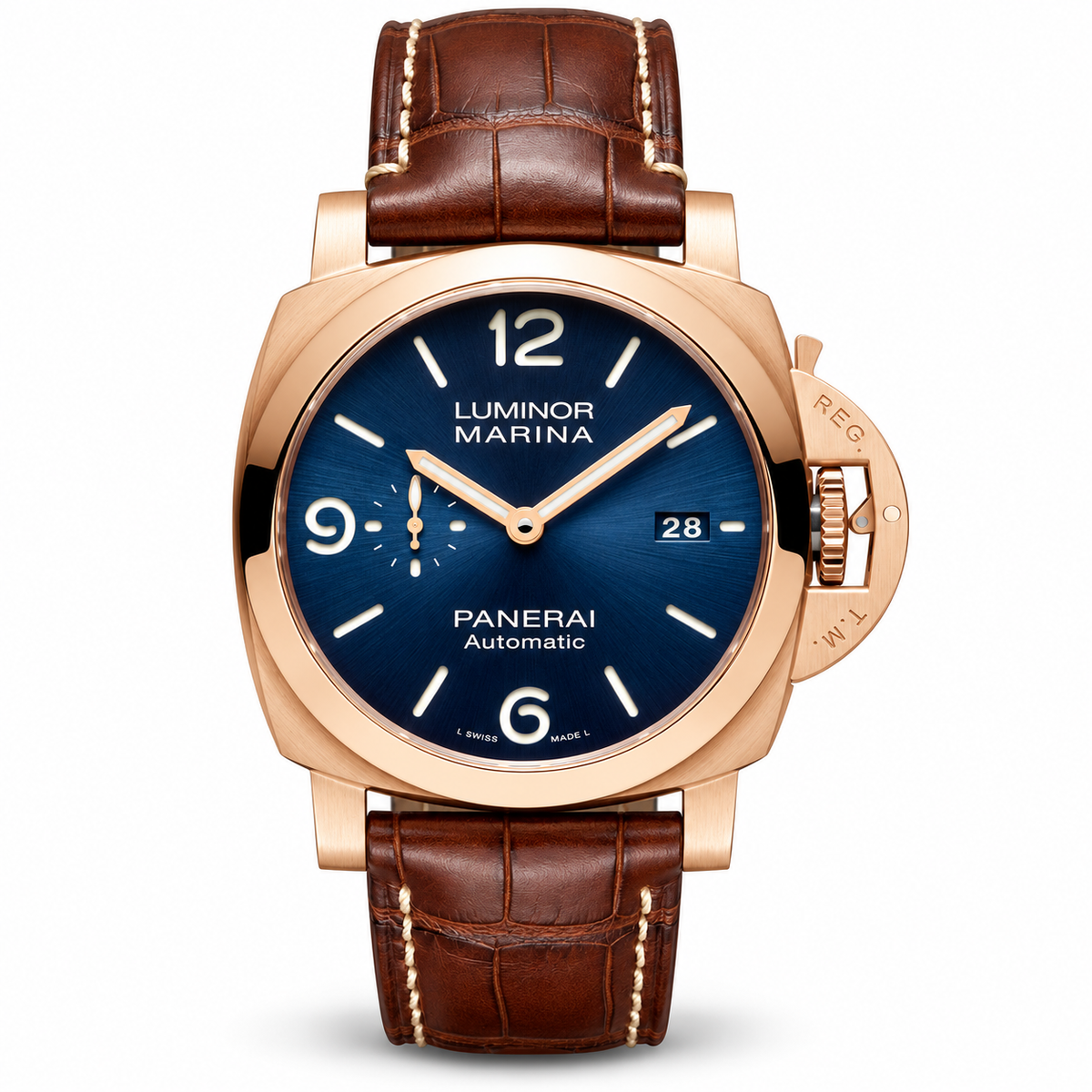 Panerai Luminor Marina Automatic watch with a rose gold-tone case, blue dial, small seconds subdial, date window, and blue leather strap.