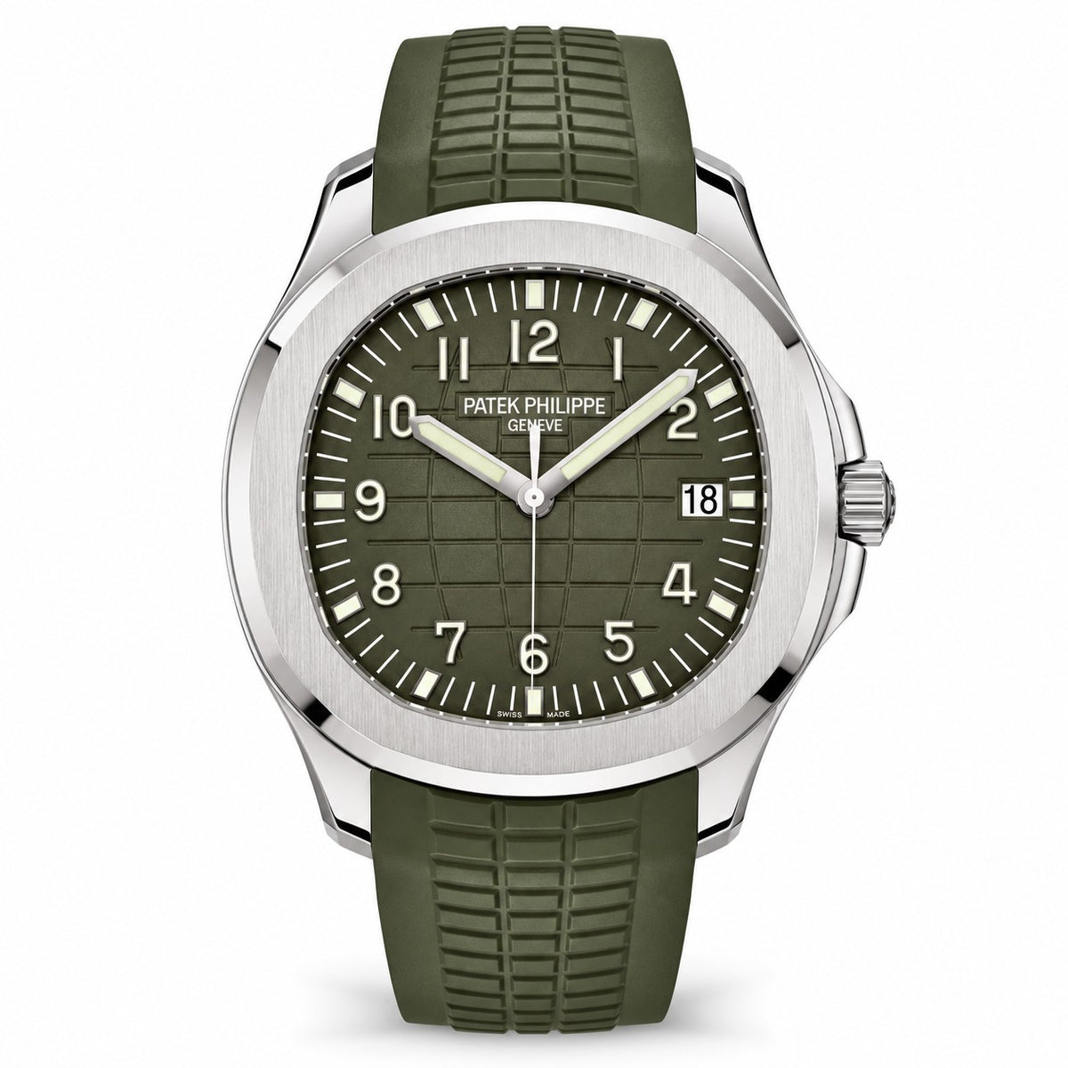 Patek Philippe Aquanaut watch with an olive-green patterned dial, silver-tone case, date display, and matching textured strap.