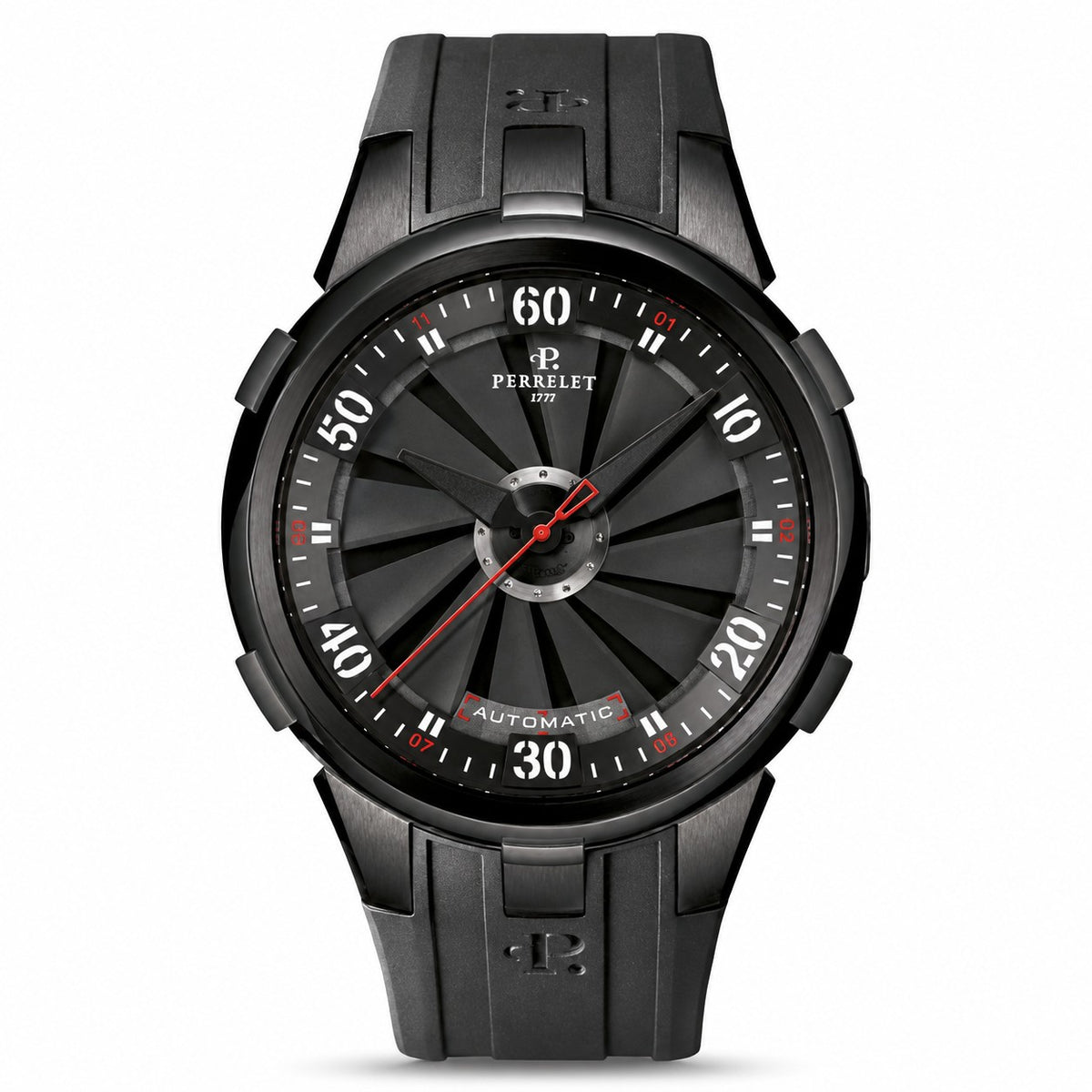 A Perrelet wristwatch with a matte black round case, black textured strap, and a black dial featuring white Arabic numerals and a red second hand.