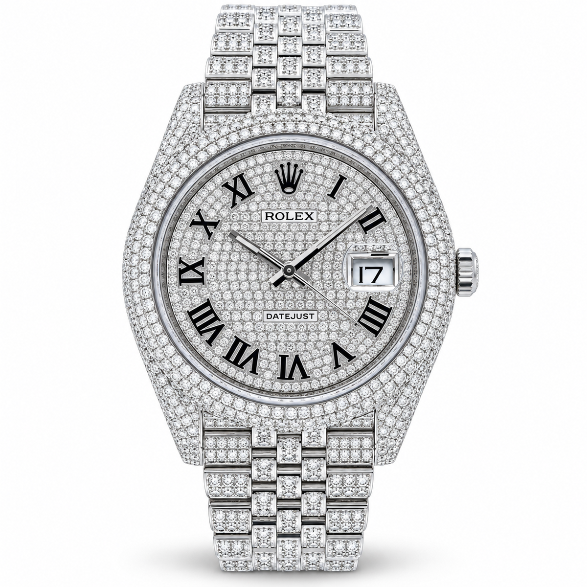 A Rolex Datejust watch fully paved with diamonds, featuring a silver-tone case, black Roman numeral hour markers, and a matching diamond-encrusted jubilee bracelet.