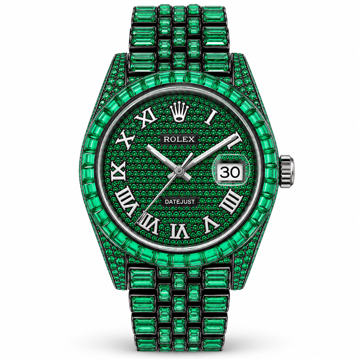 Rolex Datejust watch with a green emerald dial and a matching green emerald bezel and bracelet, accented with silver-tone Roman numerals and hands.