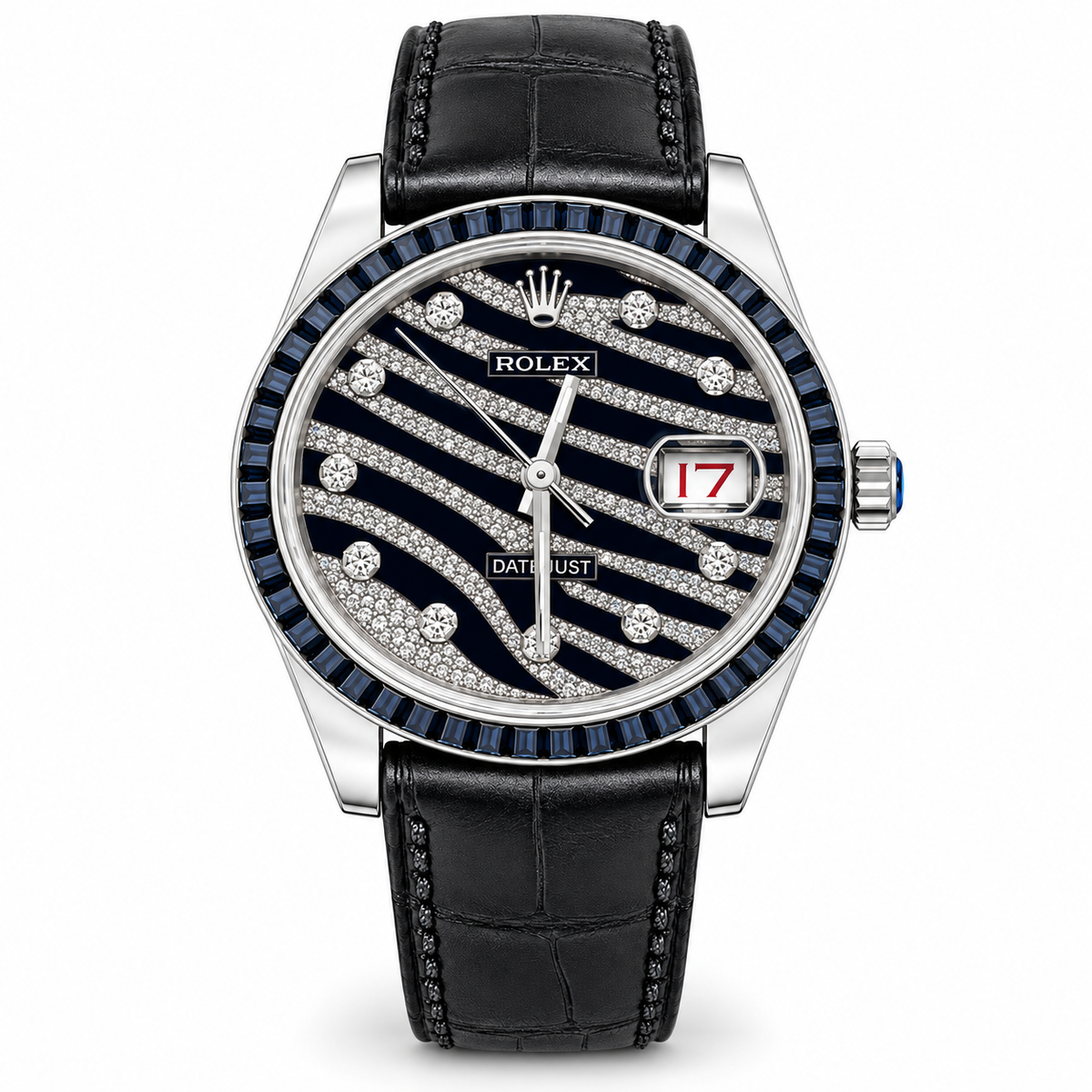 Rolex Datejust watch with a black-and-silver zebra-pattern diamond-set dial, dark blue baguette-cut gemstone bezel, date display with Cyclops lens, stainless steel case, and black leather strap.