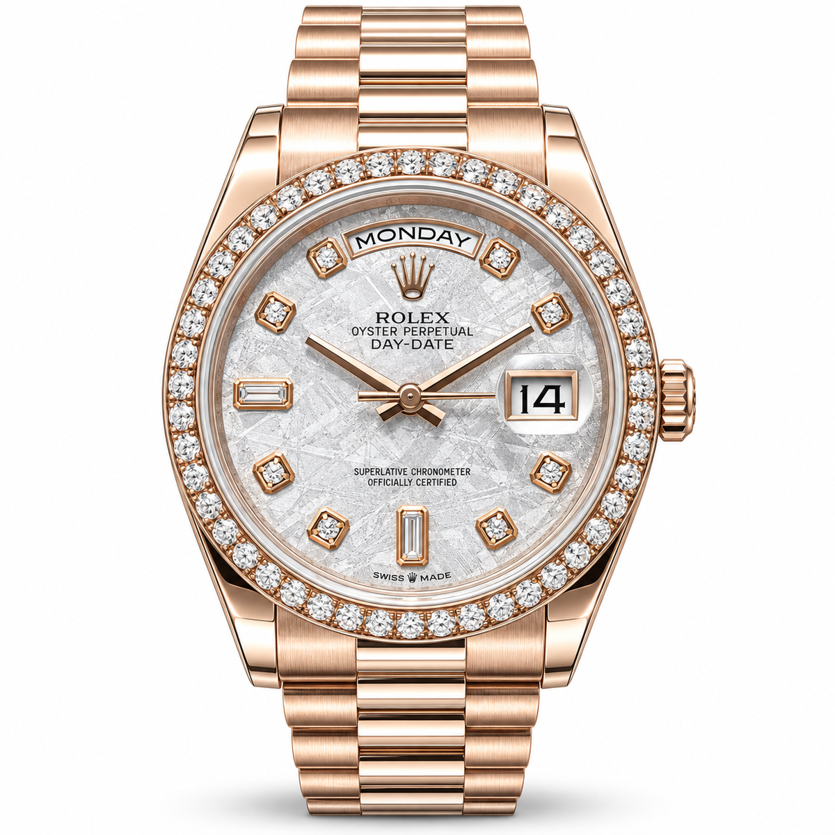 Rolex Oyster Perpetual Day-Date watch with a rose gold case, diamond-set bezel, and a textured white dial.