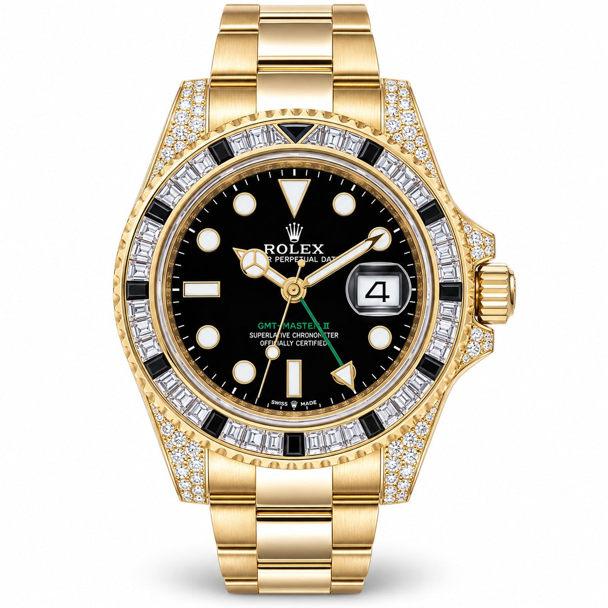 Rolex GMT Master II watch with a gold-tone Oyster bracelet, black dial, diamond-encrusted bezel, and a black bezel with gold and silver hour markers.