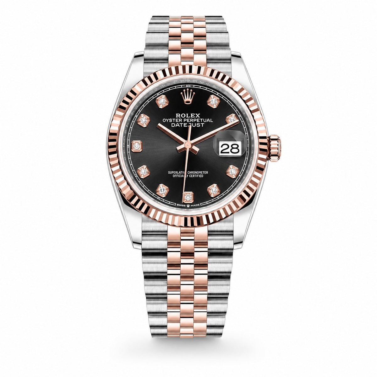 Rolex Oyster Perpetual Datejust watch with a two-tone stainless steel and rose gold Jubilee bracelet, black dial, and diamond hour markers.