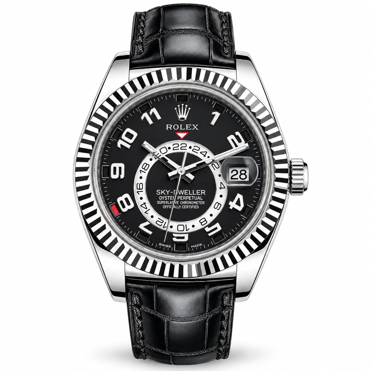 Rolex Sky-Diverer wristwatch with a black dial, black and silver fluted bezel, and a black leather strap.