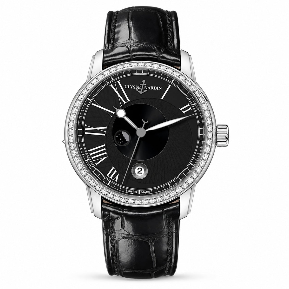 A luxury wristwatch by Ulysse Nardin, featuring a black dial with Roman numerals, a diamond-encrusted bezel, and a black leather strap.