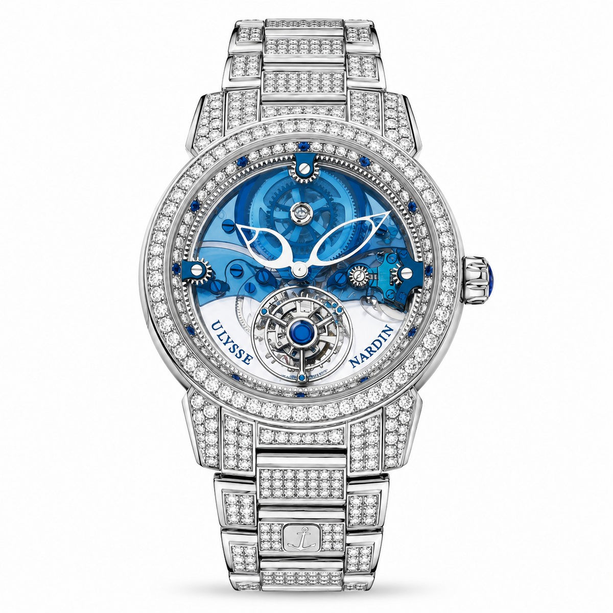 A luxury Ulysse Nardin watch featuring a silver-tone skeleton dial with blue accents, encased in a bezel and bracelet paved with diamonds.