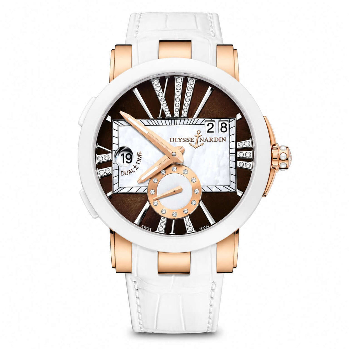 A luxury Ulysse Nardin Dual Time watch featuring a white leather strap, a white bezel, and a brown and white dial with rose gold accents and crystal details.
