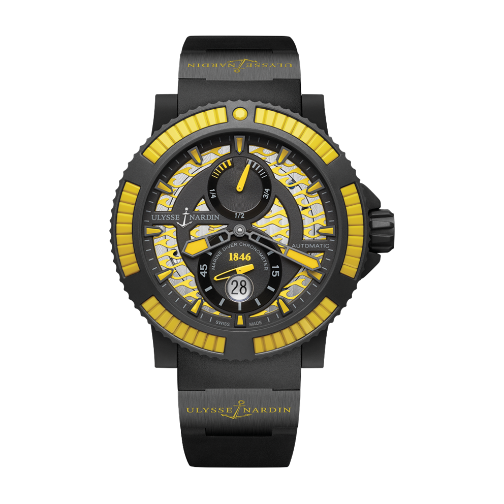 Ulysse Nardin watch with a black and yellow skeleton dial, yellow hands and bezel accents, two subdials, date display and black rubber strap.