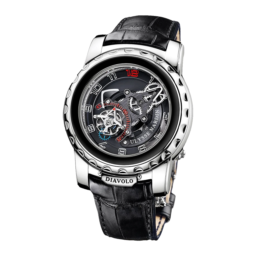 Ulysse Nardin Diavolo watch with a black dial, exposed mechanisms, silver tone numerals, red and blue accents, polished silver tone case and black leather strap.