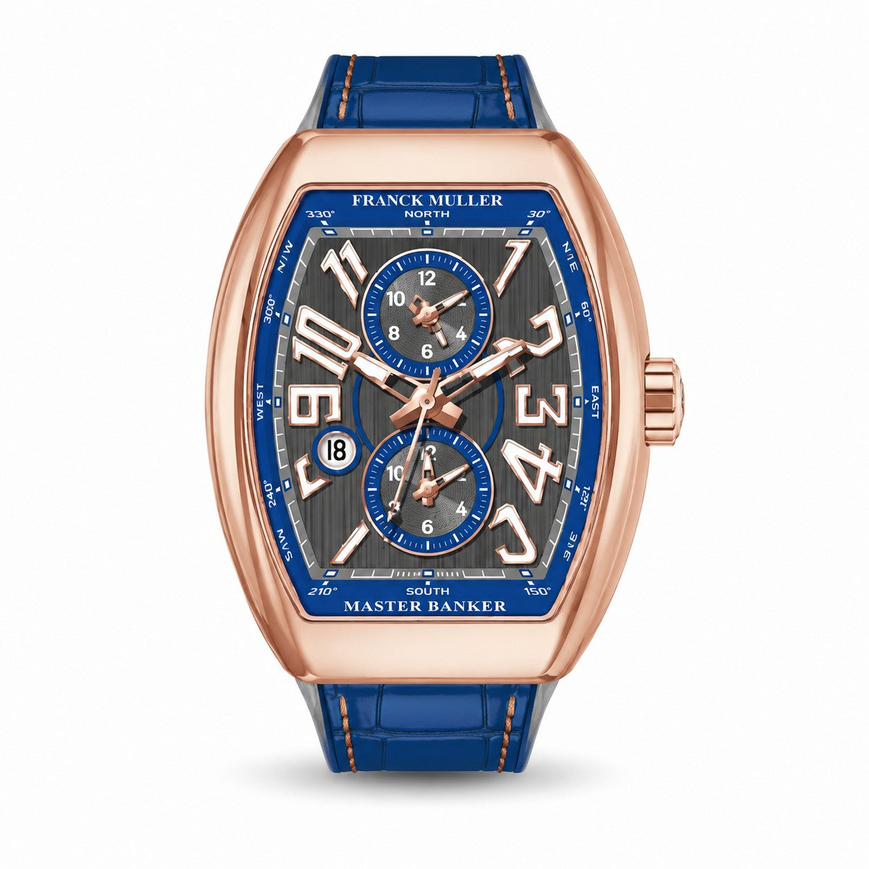 FRANCK MULLER Master Banker, 18K Rose gold, Sunburst Grey with blue chapter ring dial