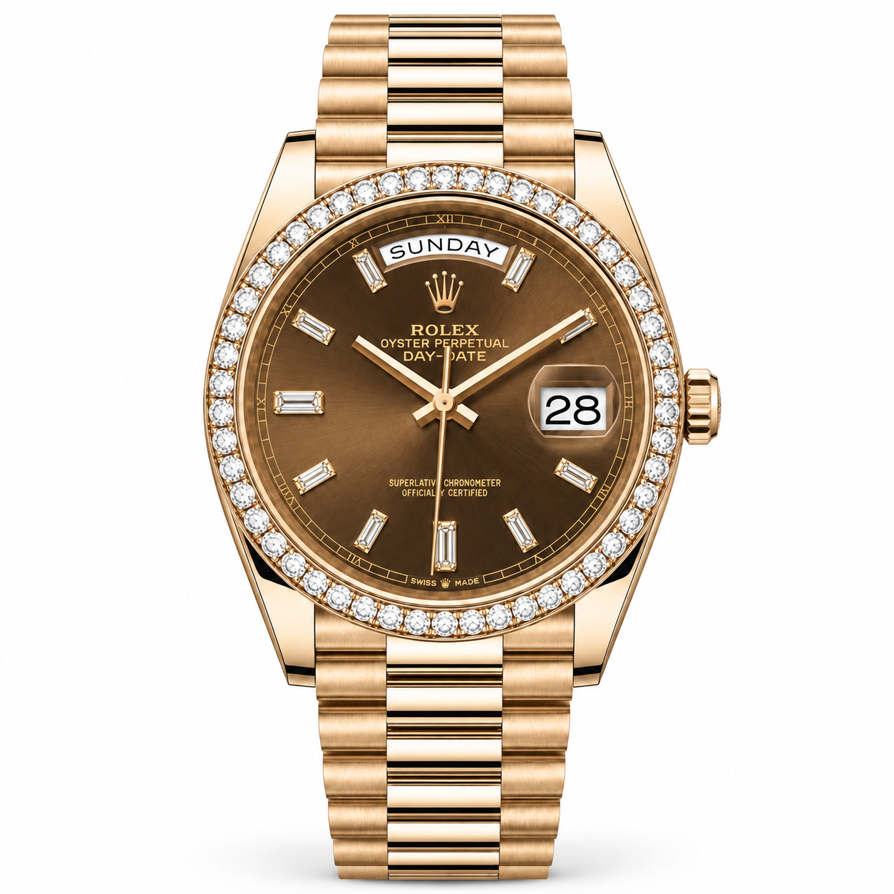 ROLEX Day-Date 40، قرص شوكولاتة ذهبي مرصع بالألماس، إطار مرصع بالألماس مخصص