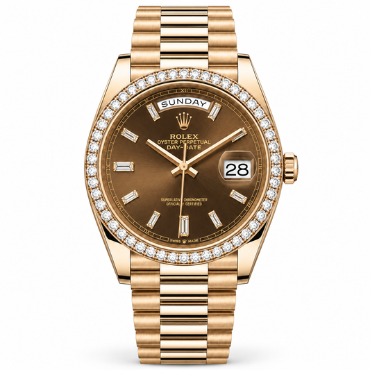 ROLEX Day-Date 40، قرص شوكولاتة ذهبي مرصع بالألماس، إطار مرصع بالألماس مخصص