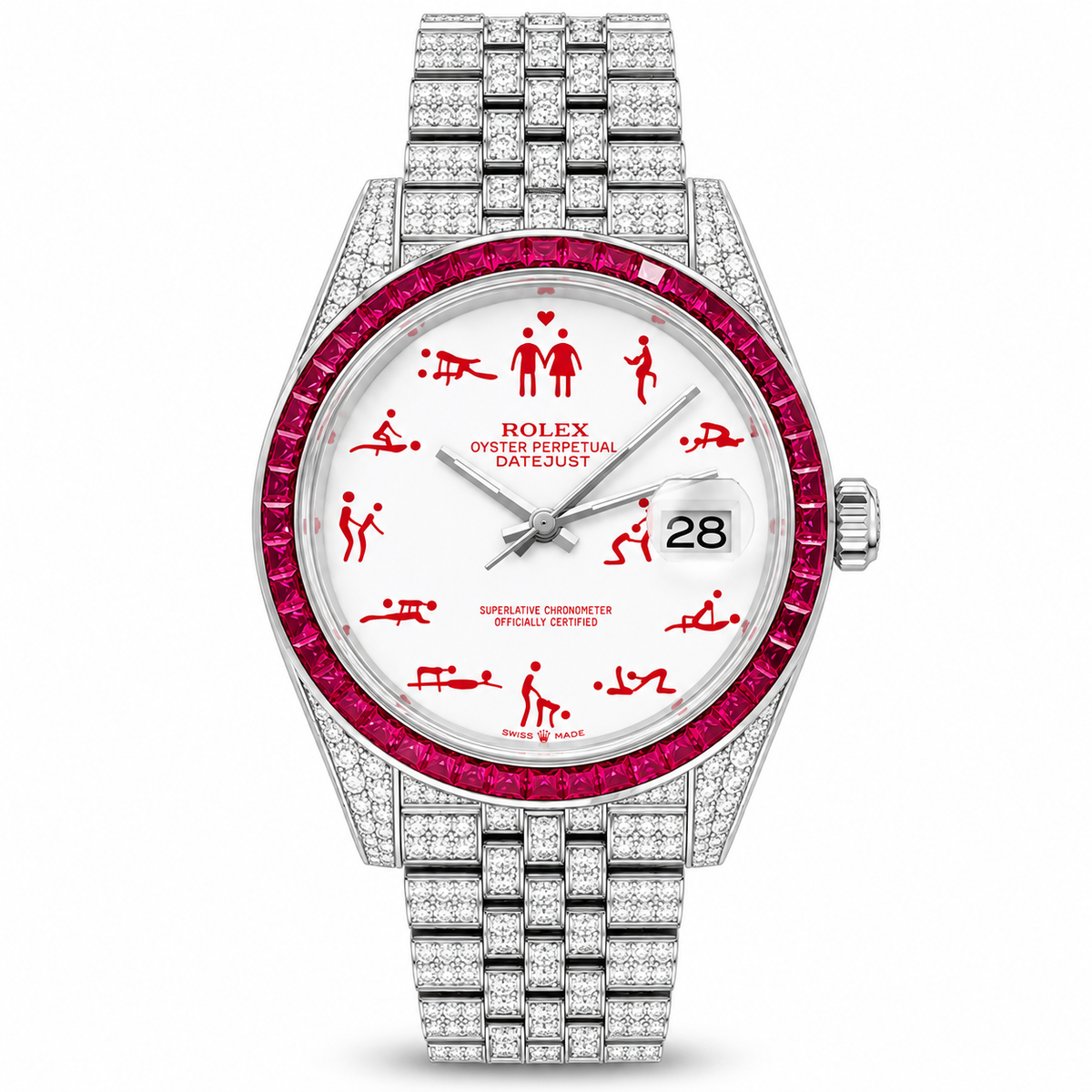 ROLEX Datejust 41, Stainless steel Custom Diamond Set, Red Gem Bezel & Pictogram Dial
