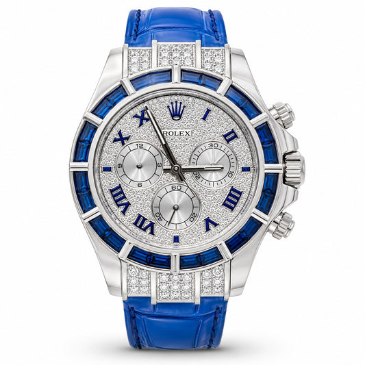 ROLEX Daytona 40, White Gold, Custom Diamond Pavé Dial Blue Sapphire Bezel
