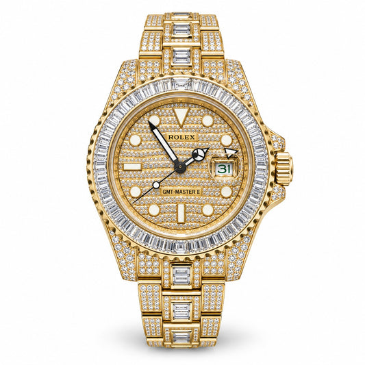 ROLEX GMT-Master II 40, Yellow Gold Custom Diamond & Baguette Set