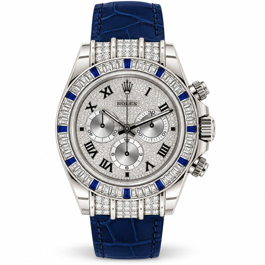 ROLEX Cosmograph Daytona 40, White Gold, Custom Diamond & Blue Gem-Set