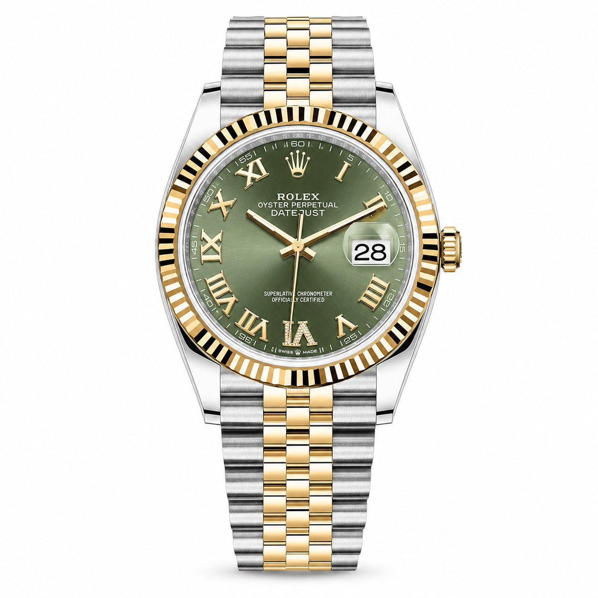 ROLEX Oyster Perpetual Datejust 36, Olive Green Diamond Dial Yellow