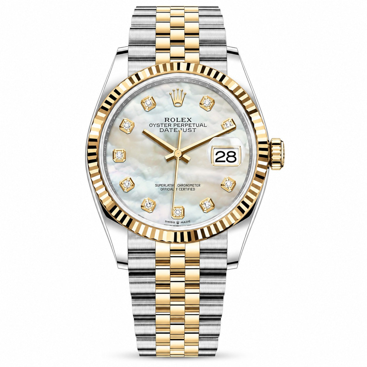 ROLEX Oyster Perpetual Datejust 36, White Mother-of-Pearl Diamond Dial Yellow Gold Rolesor