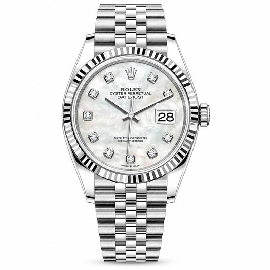 ROLEX Oyster Perpetual Datejust 36, White Mother-of-Pearl Diamond Dial White Rolesor