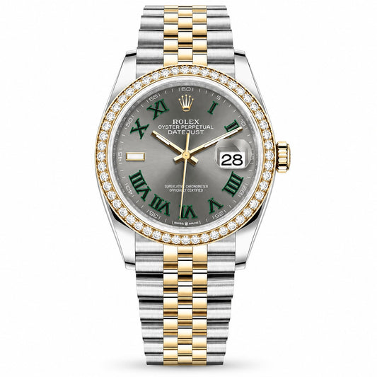 ROLEX Oyster Perpetual Datejust 36, Yellow Gold Diamond Bezel Olive Green Dial