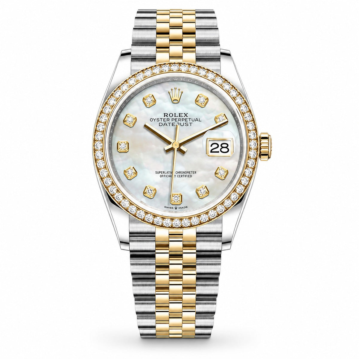 Rolex Oyster Perpetual Datejust watch with a two-tone silver and gold stainless steel bracelet, a gold bezel with diamond accents, and a white mother-of-pearl dial.