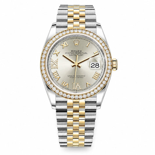 ROLEX Oyster Perpetual Datejust 36, Silver Diamond Dial Yellow Rolesor