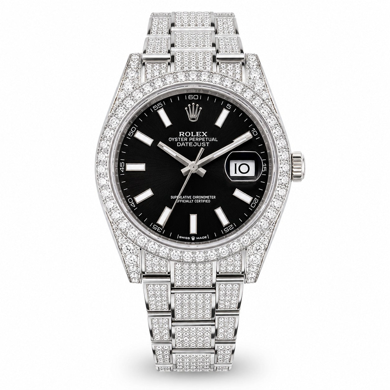 ROLEX Datejust 41mm, Oyster steel, Black index dial with Diamond Bezel and Bracelet