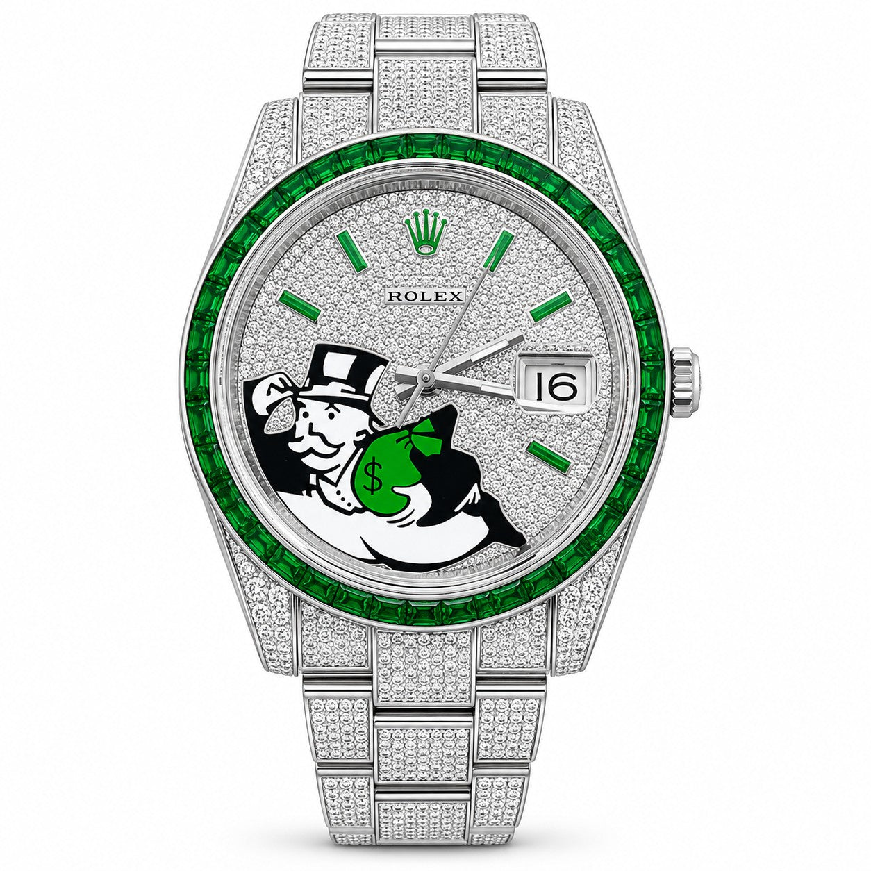 ROLEX Oyster Perpetual Datejust 41, Custom Full Diamond Monopoly Dial Green Baguette Bezel