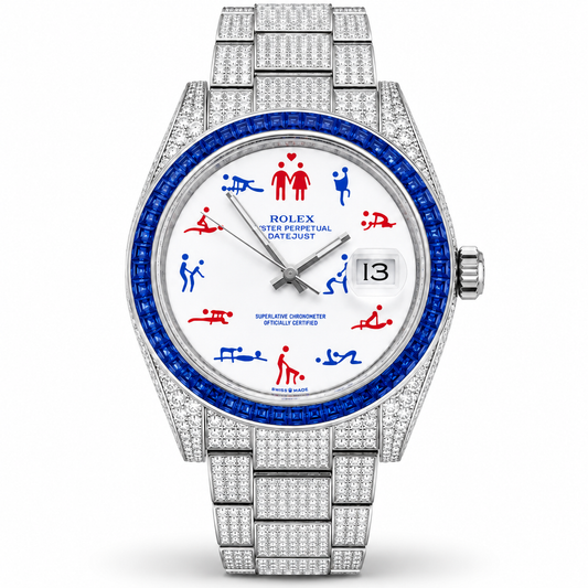 Rolex Superluxe Observatory Datejust watch with a white dial featuring red and blue iconography, a blue bezel, and a diamond-encrusted silver-tone Oyster bracelet.