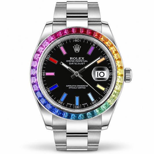 ROLEX Datejust 41, Stainless Steel Black Dial Custom Rainbow Bezel