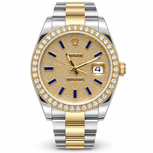 ROLEX Datejust 41, Yellow Rolesor Custom Diamond Pavé Dial & Blue Baguette Markers