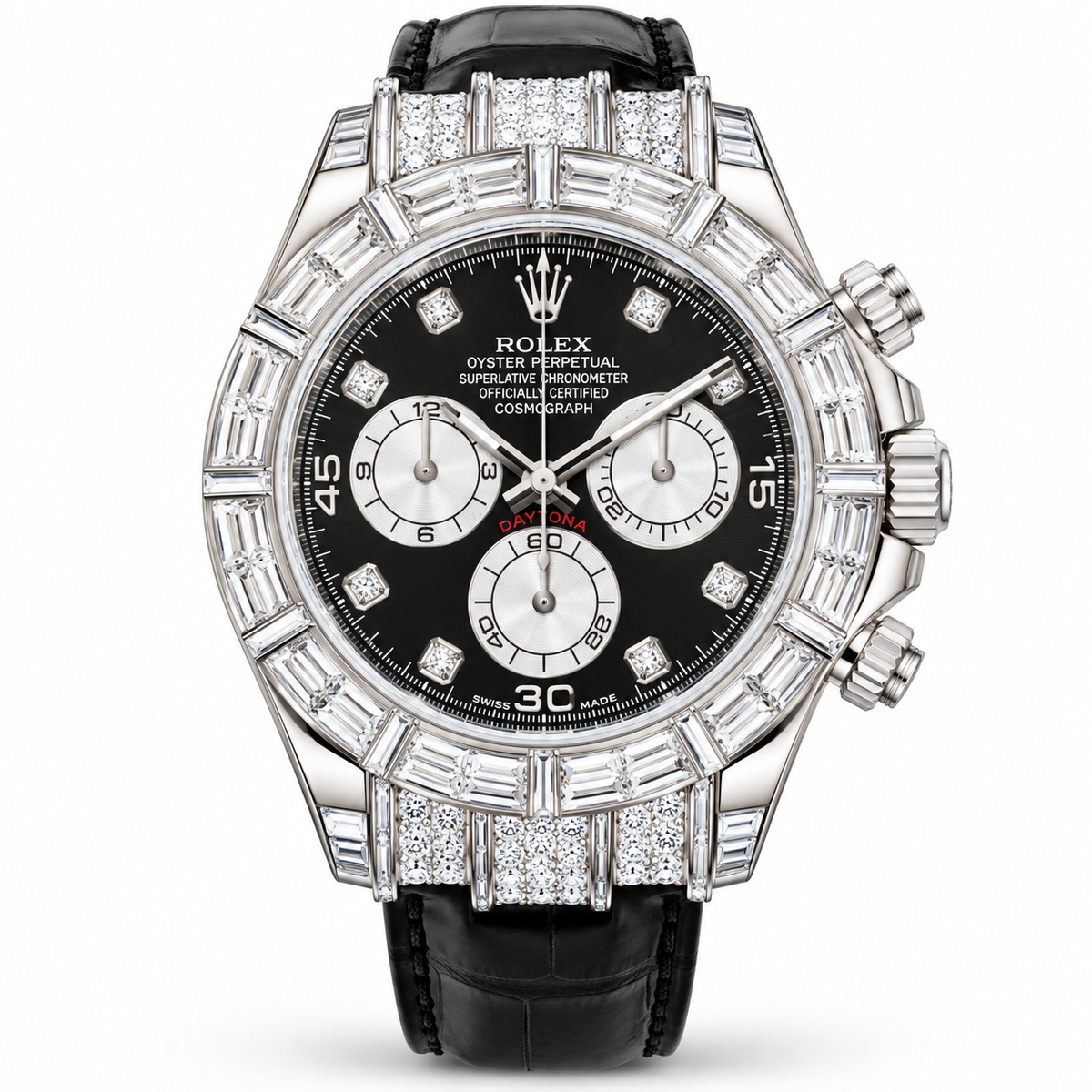ROLEX Cosmograph Daytona 40, White Gold Black Dial Custom Diamond