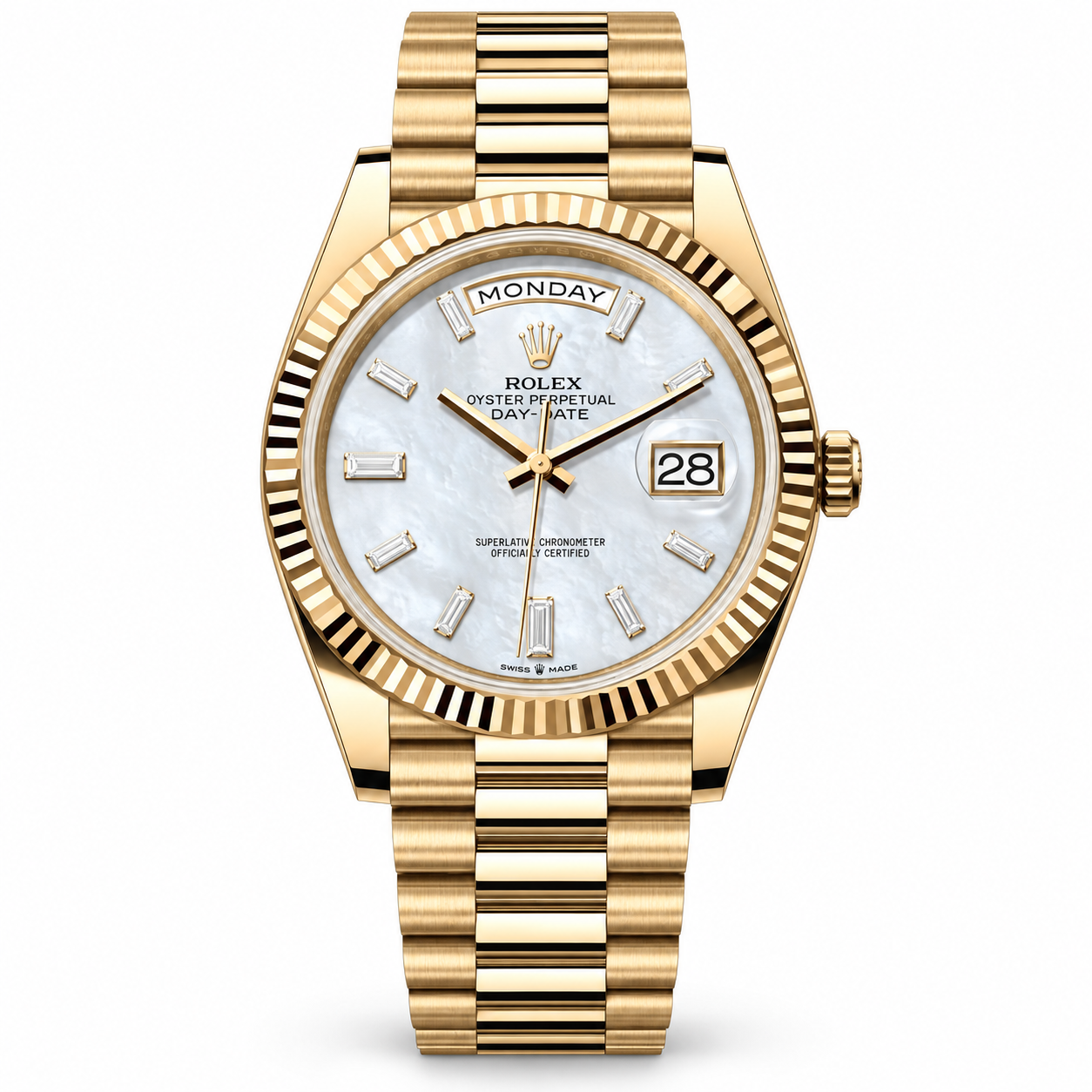 ROLEX Day-Date 40, Yellow Gold White Mother-of-Pearl Diamond Dial