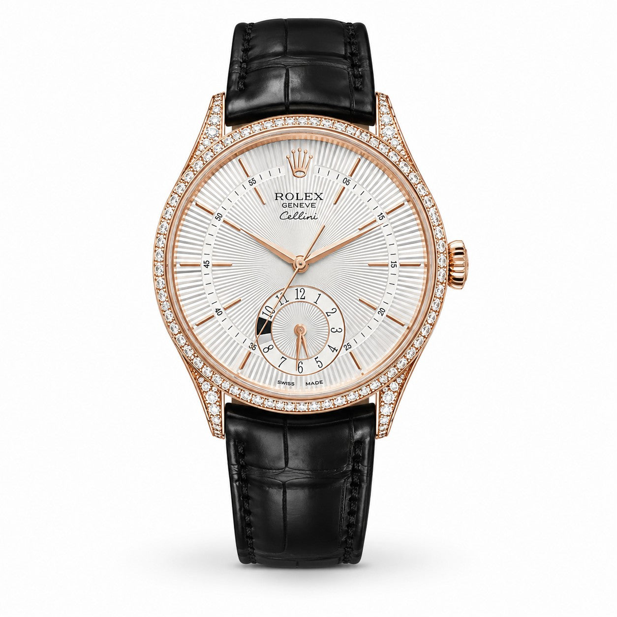 ROLEX Cellini Dual Time, 18kt Rose Gold Custom Diamond-Set Silver Dial