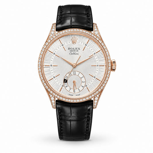 ROLEX Cellini Dual Time, 18kt Rose Gold Custom Diamond-Set Silver Dial