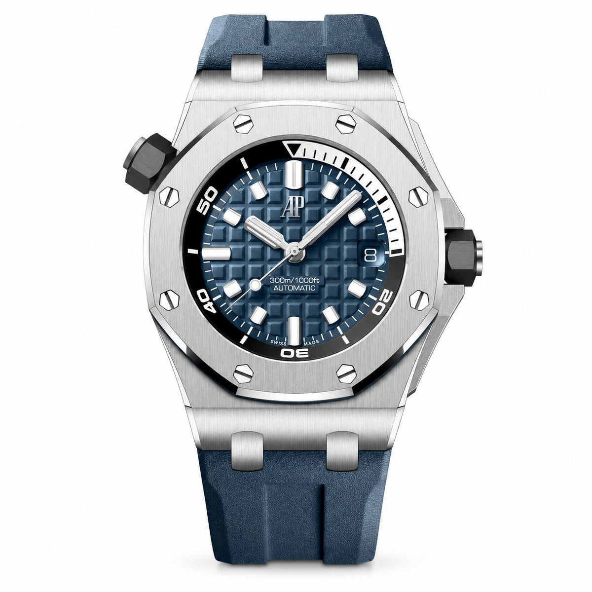 A luxury wristwatch with a brushed stainless-steel case, a textured blue dial, and a dark blue rubber strap.