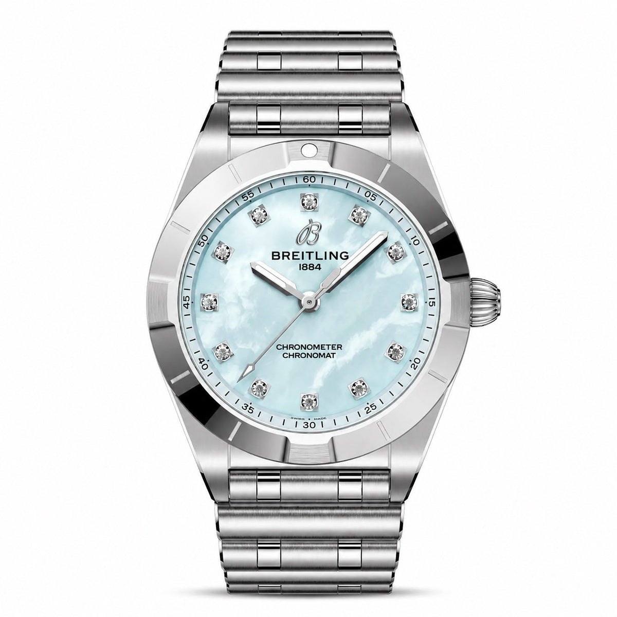 Breitling Chronomat 36 wristwatch with a stainless steel case and rouleaux bracelet, featuring a light blue mother-of-pearl dial, diamond hour markers, silver hands, and a silver bezel.