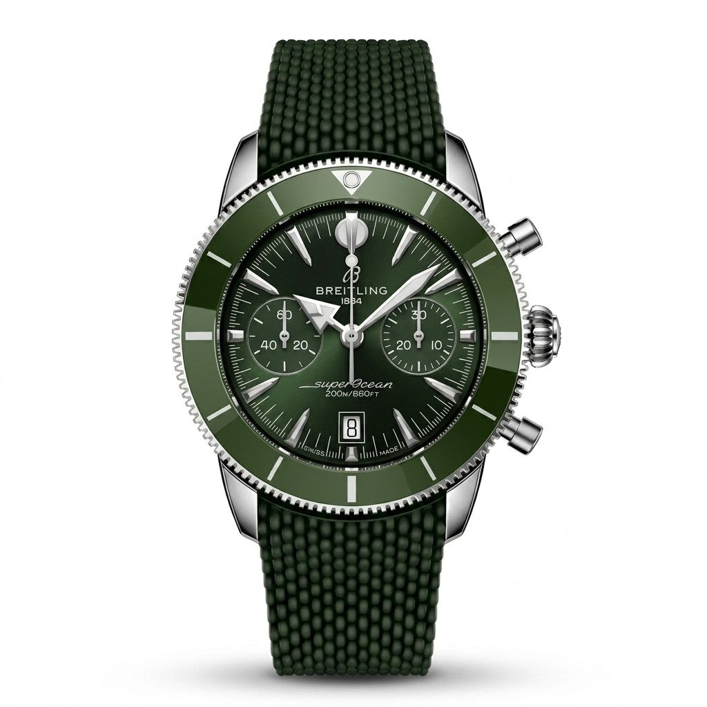 Breitling Superocean Heritage luxury chronograph watch featuring a deep green dial with matching subdials, silver-tone hands and hour markers, green rotating bezel, stainless steel case, date display, and textured dark green rubber strap.