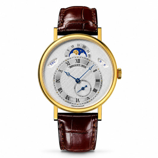 A luxury wristwatch with a gold-tone case, a textured silver-white dial featuring Roman numerals, a moonphase indicator, and a dark brown alligator leather strap.