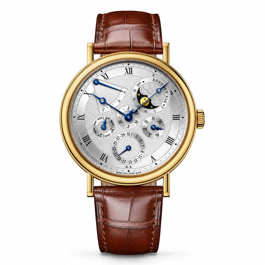 A luxury wristwatch with a round gold-tone case, a white multi-dial face with Roman numerals and blue hands, and a brown leather strap.