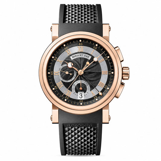 Breguet Marine chronograph watch with a rose gold-tone case, black dial, two subdials, date display, and black textured strap.