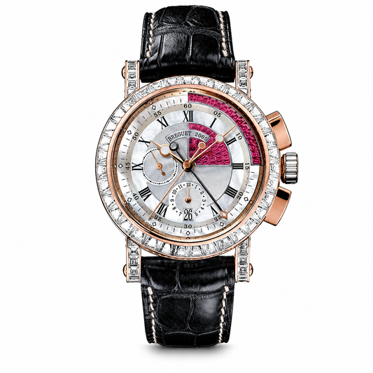 Breguet watch with a diamond-set rose gold-tone case, silver chronograph dial with pink accents, and black leather strap.