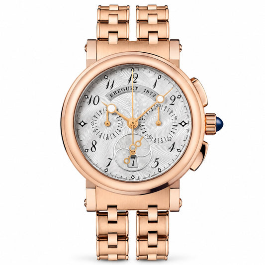 A Breguet watch with a rose gold metal bracelet and case, featuring a silver dial with black Arabic numerals and gold-tone hands.