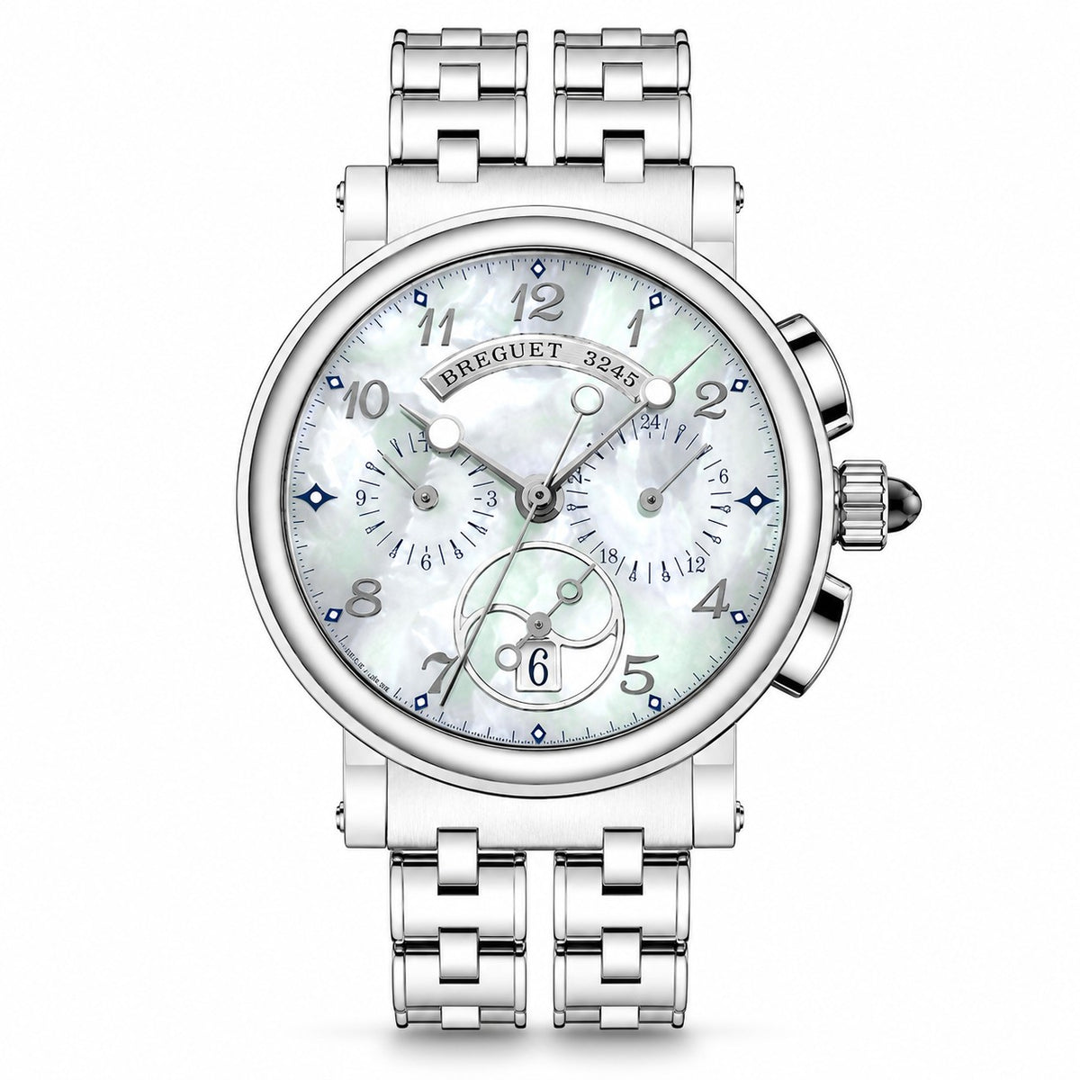 Breguet 3245 chronograph watch with a silver stainless steel link bracelet, a round silver case, and a white mother-of-pearl dial with black Arabic numerals and subdials.