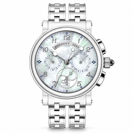 Breguet 3245 chronograph watch with a silver stainless steel link bracelet, a round silver case, and a white mother-of-pearl dial with black Arabic numerals and subdials.