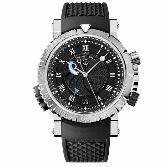 A luxury wristwatch with a silver-toned stainless steel case, a black dial featuring Roman numerals, a moonphase indicator, and a textured black rubber strap.
